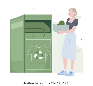 A woman standing near green donation bin, holding box of used clothes, ready to recycle them into container. Clean flat style on white background. Concept of sustainable fashion. Vector illustration
