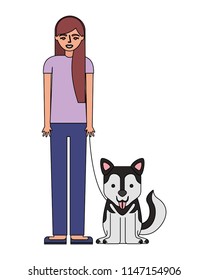 woman standing near her siberian dog