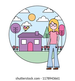 woman standing near house garden landscape