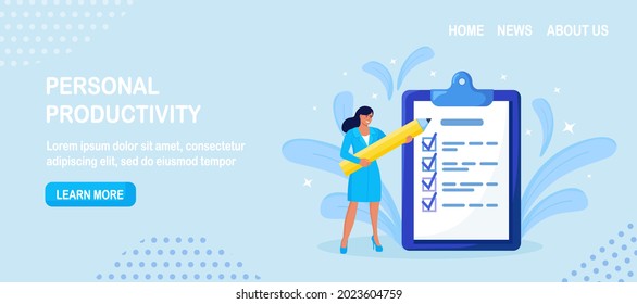 Woman is standing near large to do list and filling out checkbox. Plan fulfilled, task completed. Month planning, time management. Daily checklist. Vector illustration