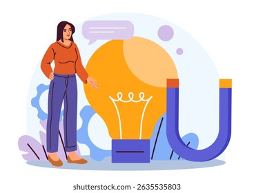 Woman standing near large glowing bulb and horseshoe magnet with chat bubble in abstract background. Concept of creativity and attraction. Vector illustration