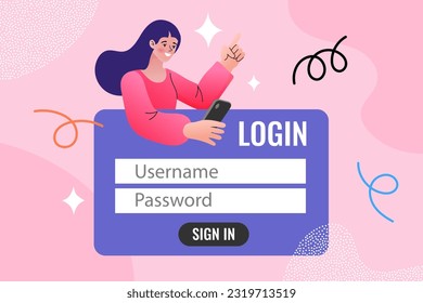 Woman standing near login username and password. login technology website. Data protection, security in smartphone with shield. Entering personal email and security concept. vector illustration.