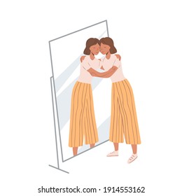 Woman standing near the mirror and hugging her own reflection. Concept of self-love and self-acceptance. Young girl and her mirroring. Flat cartoon illustration