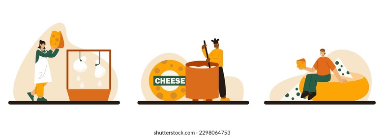 Woman standing near Mozzarella drying container. American cook kneading milk mixture. Male testing product. Set of cheese making process in factory. Vector illustration in flat design