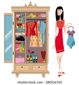 Woman standing near an open wardrobe. Closet with clothes, bags, boxes and shoes. Shopping Time. Vector illustration