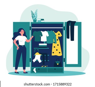 Woman standing near opened closet and looking at dresses flat vector illustration. Pile of clothes laying in wardrobe. Organization and arrangement concept.