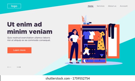 Woman standing near opened closet and looking at dresses flat vector illustration. Pile of clothes laying in wardrobe. Organization and arrangement concept.