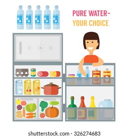 Woman standing near refrigerator with food and drinks. Flat design vector illustration.