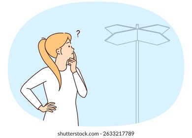 Woman is standing near road sign pointing in different sides and trying to choose direction. Concept choosing way to achieve goal or direction for development personal skills