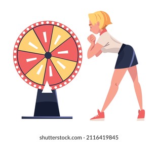 Woman Standing Near Roulette Wheel Waiting for Luck Vector Illustration