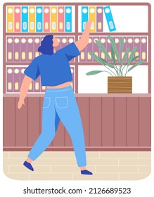 Woman standing near shelf with books and archive folders searching for book on bookshelf at home or library. Young person student in bookstore interior, concept of training, education cartoon vector