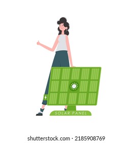 A woman is standing near a solar panel. Green energy concept. Isolated on white background. trendy style. Vector illustration.