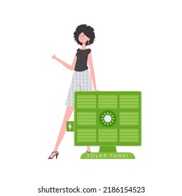 A woman is standing near a solar panel. Eco energy concept. Isolated on white background. Vector illustration.