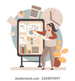 Woman standing near tablet and inspecting materials. Effective work scheduling, multitasking concept. Freelancer taking notes in diary. Business plan. Flat vector illustration in purple colors