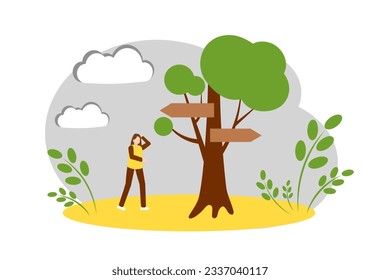 
A woman is standing near a tree with pointers. Choice of life path. Vector illustration isolated on white background.