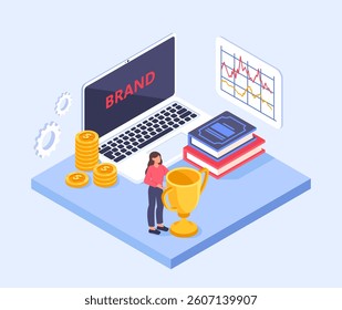Woman standing near trophy, laptop with brand text, stacked books, coins, and analytics chart in isometric style on light blue background. Concept of brand success. Vector illustration
