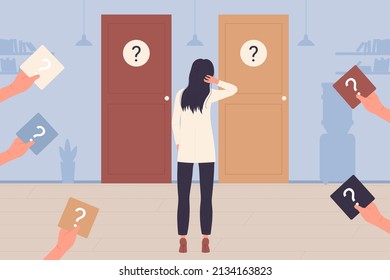 Woman standing near two doors to choose right or left entrance to room vector illustration. Cartoon many hands of people holding question marks about correct creative choice, person with dilemma