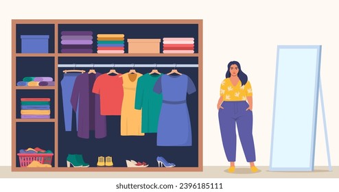 Woman standing near wardrobe to choose stylish outfit. Girl tries on clothes at home in front of a mirror. Girl choosing clothes. Vector illustration