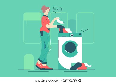Woman standing near washing machine vector illustration. Female put dirty socks in washing machine flat style. Laundry, cleaning day, household concept. Isolated on green background