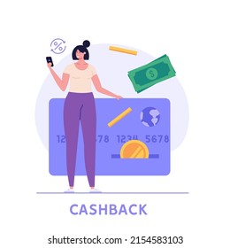 Woman standing next to bank card. Concept of cashback service, discount and loyalty card, customer service, online shopping, earn point. Vector illustration in flat design