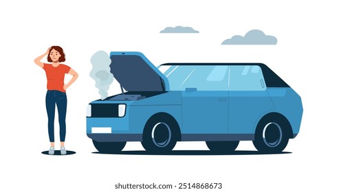 Woman standing next to a broken down car with the hood open. Vector illustration.