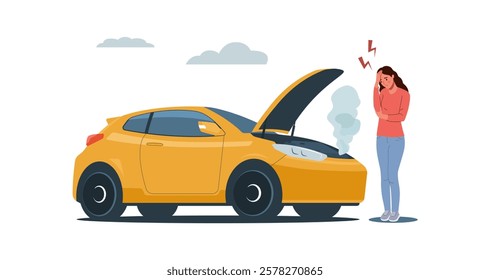 Woman standing next to a broken down car with the hood open. Vector illustration.