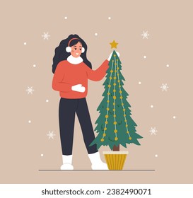 Woman standing next to Christmas tree. Smiling girl preparing for winter holidays. People decorate Christmas fir. New Year postcard. Vector illustration in flat cartoon style.