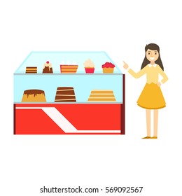 Woman Standing Next To Display Case With Cake Assortment, Smiling Person Having A Dessert In Sweet Pastry Cafe Vector Illustration