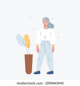 A woman is standing next to a flowerpot and smiling. flat design style vector illustration.