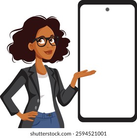 
Woman Standing Next to a Phone Vector Cartoon Illustration. Entrepreneur recommending a mobile app for business 
