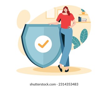 a woman is standing next to the shield with a check
Vector illustration