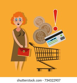 A Woman Is Standing Next to the Shopping Cart and Selects a Cashless Payment or Payment of Goods by Cash. Vector illustration