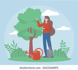 Woman standing next to a tree with a shovel and watering can on grassy ground, surrounded by plants on a blue sky background. Concept of gardening. Vector illustration