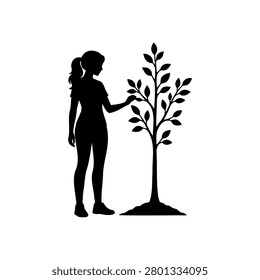 Woman Standing Next to a Young Tree silhouette icon vector illustration on white background.