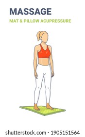 Woman Standing on an acupressure mat and pillow. Colorful concept of a girl relaxing at home on a massage mat in sportswear top and leggings.