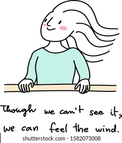 Woman standing on balcony, holding balcony railings and feeling the wind blow. Happy woman leaning on deck's railing and enjoying the wind blow. Young woman standing by balcony railing, looking away.
