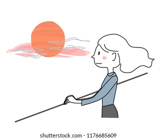 Woman standing on balcony and watching sunset or sunrise thoughtfully. Pensive woman looking out and watching twilight sky until dusk.