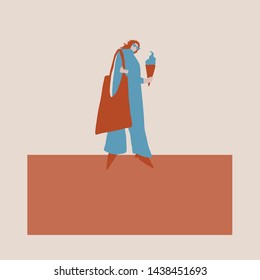 Woman standing on a banner for special event text. Happy young girl clothes in trendy clothes. Female flat character. Contemporary creative composition. 