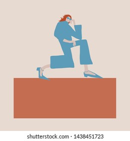 Woman standing on a banner for special event text. Happy young girl clothes in trendy clothes. Female flat character. Contemporary creative composition. 