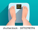 Woman is standing on bathroom scales with unhappy sad face on display, over colored background, top view of feet. Weight measurement and control. Concept of healthy lifestyle, dieting and fitness