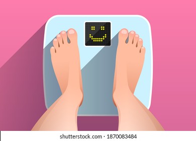 Woman is standing on bathroom scales with happy smiling face on display, over colored background, top view of feet. Weight measurement and control. Concept of healthy lifestyle, dieting and fitness