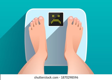 Woman is standing on bathroom scales with unhappy sad face on display, over colored background, top view of feet. Weight measurement and control. Concept of healthy lifestyle, dieting and fitness