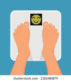 Woman is standing on bathroom scales, top view of feet. Weight measurement and control. Concept of healthy lifestyle, dieting and fitness