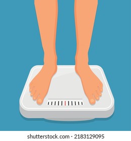 Woman is standing on bathroom scales, top view of feet. Weight measurement and control. Concept of healthy lifestyle, dieting and fitness