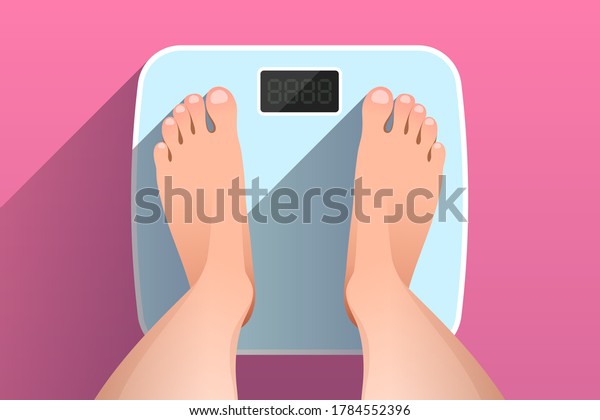 Woman is standing on bathroom scales\
over colored background, top view of feet. Weight measurement and\
control. Concept of healthy lifestyle, dieting and\
fitness
