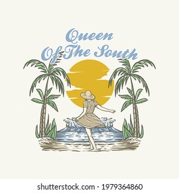 woman standing on a beach in the summer. vintage illustration for banner, t-shirt, sticker, badge design