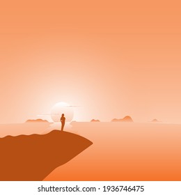 woman standing on the beach at sunset with orange gradient shade illustration vector