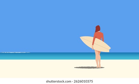 A woman standing on beach with surfboard, gazing at the wave in ocean under a clear blue sky. Banner summer, holiday, vacation, surfing themes. Minimalist vector illustration.
