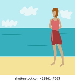 Mujer parada en el vector de la playa