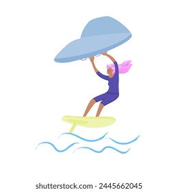 Woman standing on a board, holds onto a wing and moves the board across the water. Wing foiling sport. Vector isolated color illustration.